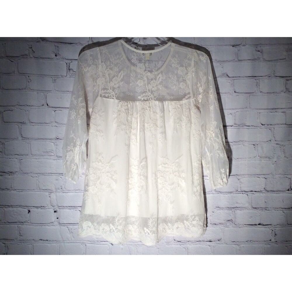 Lily Star Women’s Top Cream Cottage Core Romantic Lace Overlay Lined Soft Sz XS